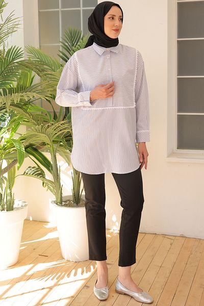 giyze Lace Detailed Striped Loose Shirt White 2101