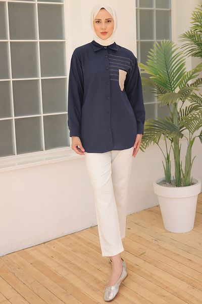 giyze Embroidery Detailed Pocketed Shirt Navy Blue 2061