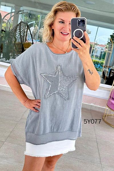 İnce Topuk Mesh Detail Starry Linen Blouse 5Y077