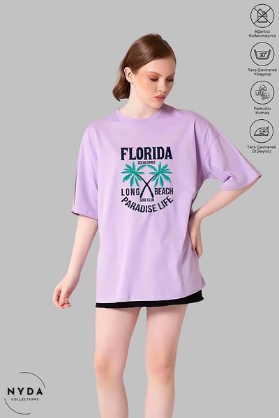 Nyda Collections Unisex Crew Neck Florida εμπριμέ βαμβακερό μπλουζάκι με κοντό μανίκι