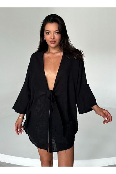 Laluvia Schwarzes Flam-Leinen-Kimono-Hemd