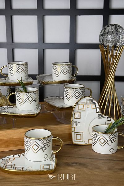 rubihome Premium Porcelain Gold Gilded Detailed Heart Plate White Coffee Cup Set