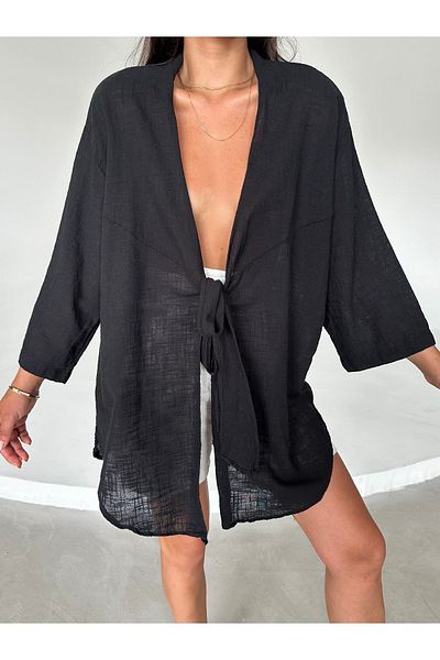 Laluvia Schwarzes Flam-Leinen-Kimono-Hemd