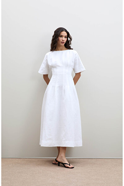 Serianno %100 Keten Pili Detaylı Elbise