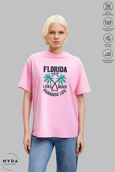 Nyda Collections Unisex Crew Neck Florida εμπριμέ βαμβακερό μπλουζάκι με κοντό μανίκι