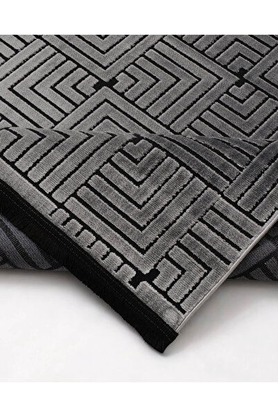 Saray Life Dekoratif Pamuklu Halı Kaydırmaz Dokuma Taban Bianca Siyah Salon Oturma Odası Koridor Yatak Odası