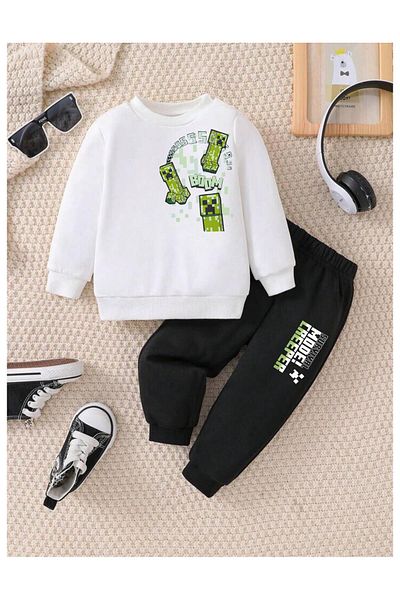 Massgai Set de trening unisex pentru copii Creeper Boom, din bumbac imprimat, cu gâtul turn, de sus și de jos