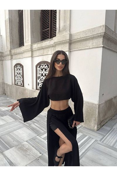 LOCH BUTİK Women's Black Slit Shorts Skirt Suit