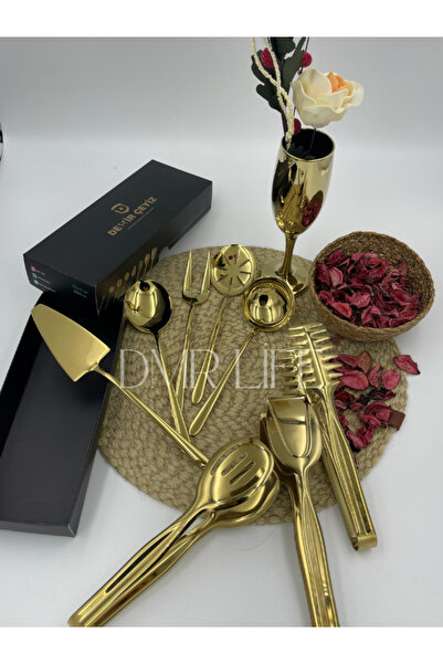 Demir Çeyiz Dmr Life 8 Parça Gold Sos Servis Seti Ve Maşa Servis Sunum Seti (18/10)