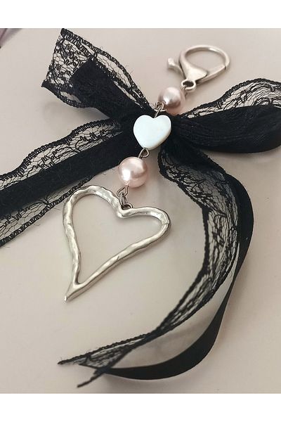 BNGaksesuar Steel Heart Lace Bow Natural Stone Bag Charm