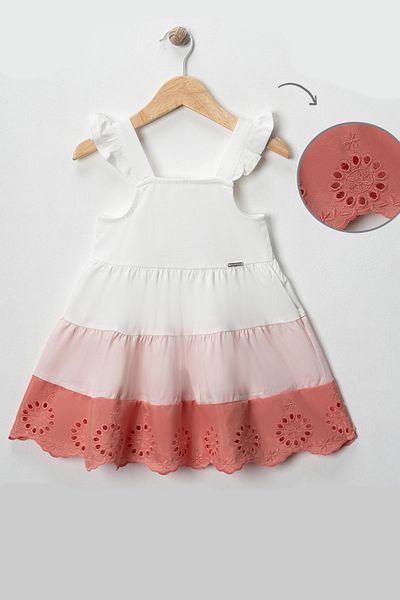 Monila Rochie de vară din dantelă brodată cu volane, din țesătură din bumbac pieptănat pentru fete
