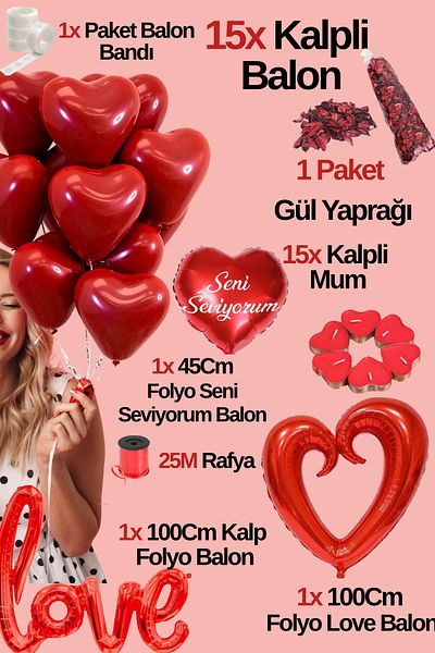 Baloncu Dede 15 Red Heart Balloon Set I Love You Love and Big Heart Foil 15 Heart Candle Dear Balloon