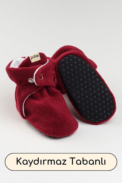 pufien Organic Cotton Lined, Baby First Step Shoes, Non-Slip Sole, Baby Slippers, Red Booties