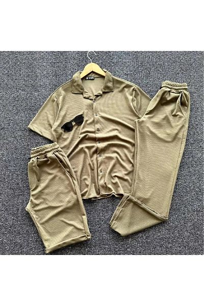 DAPHN New Season Men's - Women's Relaxed Cut Loose Brown Shirt Shorts Trousers Set Triple Combination Set