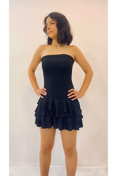 bernaaydın Berna Aydin Raschel Wraped Folded Ruffled and Flounced Strapless Black Dress