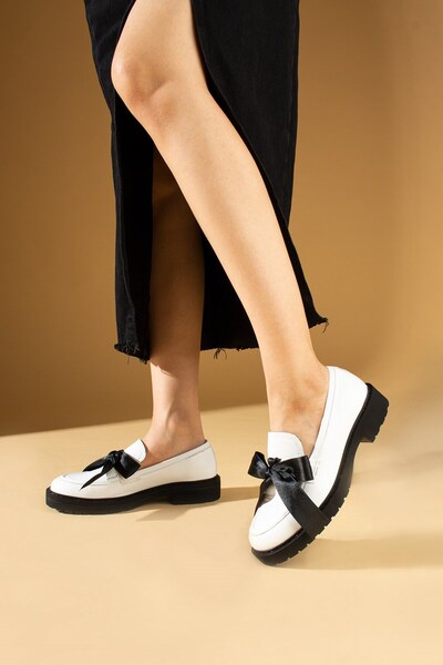 Seniorah Білі мокасини - натуральна шкіра, з бантиком, на товстій підошві, жі...