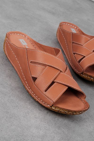MY DERİ Coloy Women's Genuine Leather Cross Banded Orthopedic Slippers 3797