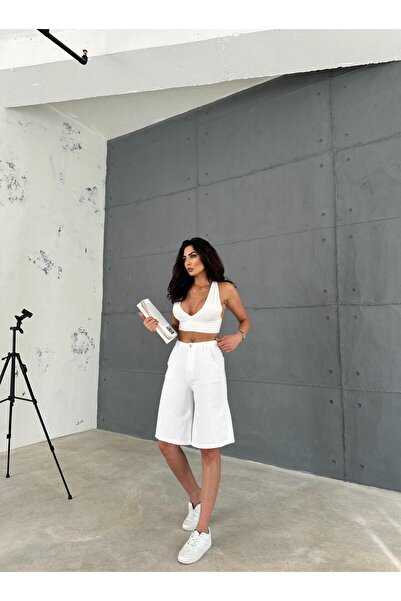 Zeo Basic WHİTE DENİM CEP DETAYLI BERMUDA ŞORT