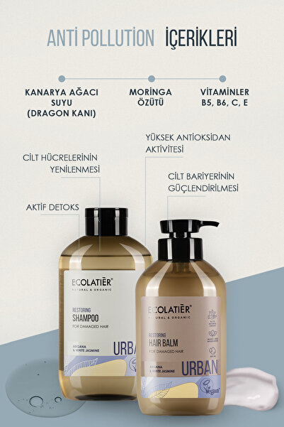 ECOLATIER Saç Bakım Seti Yıpranmış Saçlar İçin %97,4 Doğal Şampuan ve Saç Kremi Argan Yağı ve Yasemin Özü