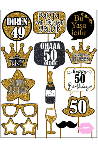 Hiras Dizayn 50 Year Old Women Men 15Pieces Gold Sparkle Slogans Birthday Party Speech Balloon Selfie Sticks