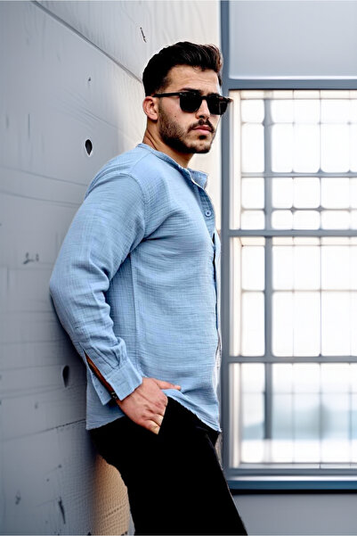 Valiberta Hafif ve Nefes Alabilir Erkek Müslin Yarım Pat Hakim Yaka Oversize Gömlek- Soğuk Mavi