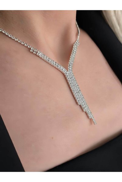 Eva Takı Store Crystal Stone Waterway Pendant Model New Year - Evening Dress - Wedding - Event Necklace Earring Set