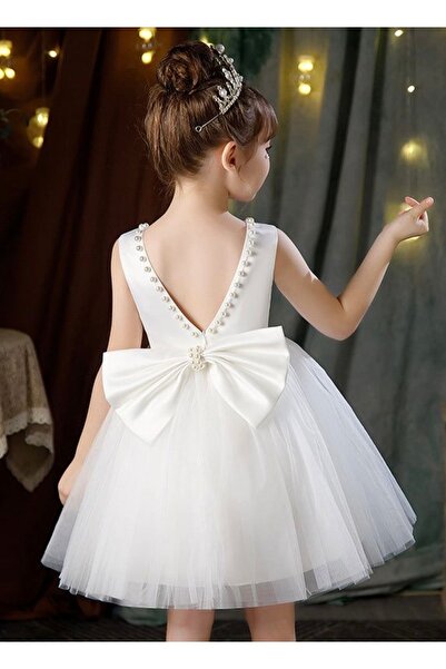 Mislina Girl's Back V Pearl Design Evening Dress