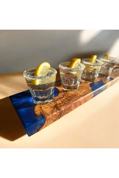 F&S WoodArt Olive Tree Wooden Epoxy Tequila Party Presentation Tray (for 4 Shot Glasses)