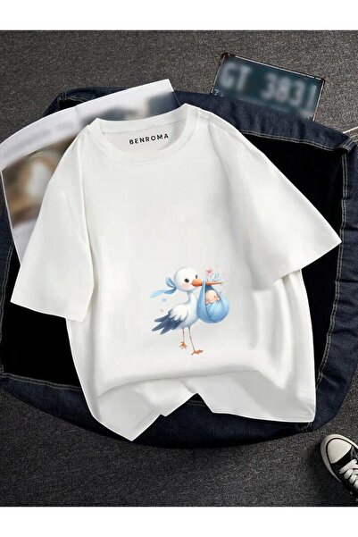 BENROMA HAMİLE MAVİ LEYLEK BASKILI TİSORT