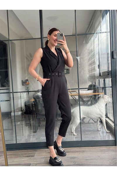 miss nac Women's Woven Fabric Double Breasted Neckline Zero Sleeve Jumpsuit with Belt