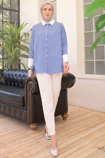 giyze Striped Cuff Detailed Shirt Indigo 715