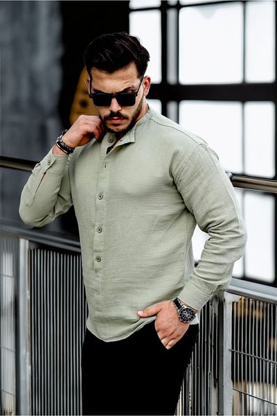 Valiberta Light and Breathable Men's Muslin Half Placket High Collar Oversize Shirt - Light Khaki