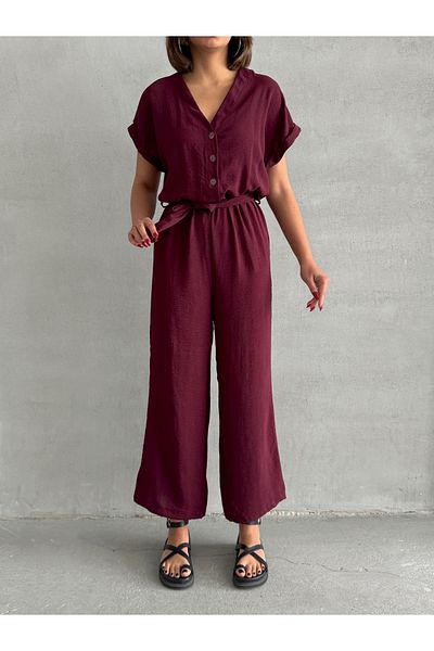 BEJNA Burgunderroter Damen-Overall mit Gürtel und Knopfleiste