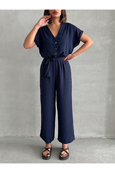 BEJNA Women's Navy Blue Button Detailed Belted Jumpsuit