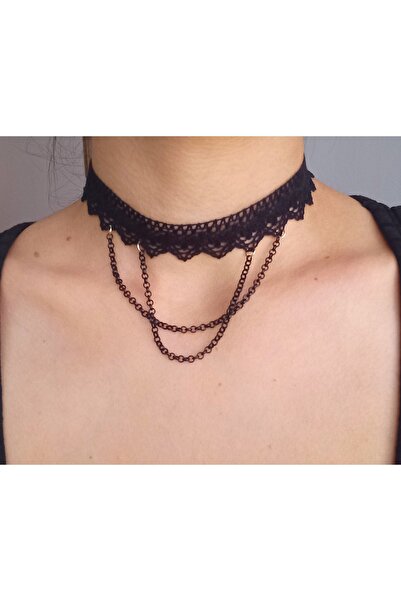 BNGaksesuar Dantel Siyah Gotik Kolye Tasma Choker Kolye