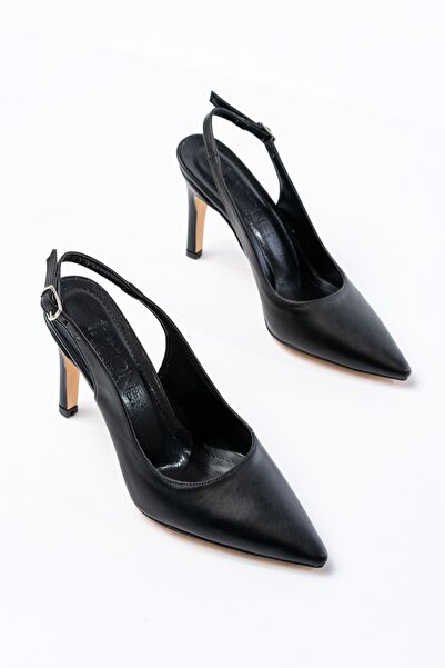 Evla Shoes Siyah Deri Günlük Arkası Açık 9 cm Topuklu Kadın Ayakkabı