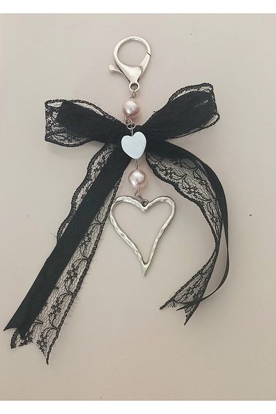 BNGaksesuar Steel Heart Lace Bow Natural Stone Bag Charm