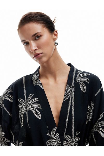 Koton 3/4 Sleeve Palm Printed Viscose Kimono with Binding Detail