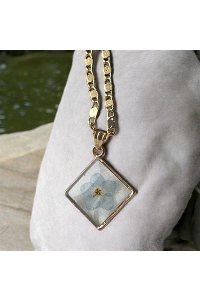 maycollection Gerçek Mavi Beni Unutma Çiçeği Ebruli Mavi Cam Boncuk Gold Yaprak Tasarım İkili Kolye