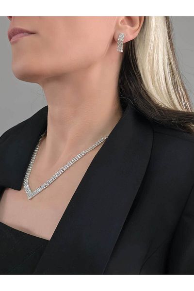 Eva Takı Store Crystal Stone Waterway Model New Year's Eve - Evening Dress - Wedding -Event Necklace Earring Set