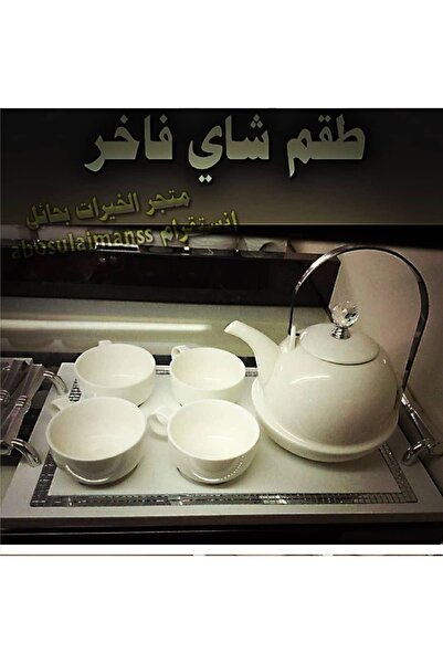 Other طقم شاي واكواب فاخر زجاجي+صينية باللون الابيض