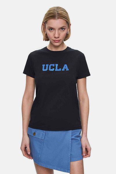 UCLA Tricou pentru damă Isolde Black Crew Neck cu imprimeu argintiu