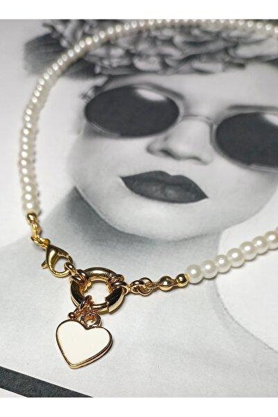 BNGaksesuar İnci Kalp Charm Gemici Kilit Altın Takılabilen Kolye
