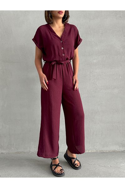 BEJNA Burgunderroter Damen-Overall mit Gürtel und Knopfleiste
