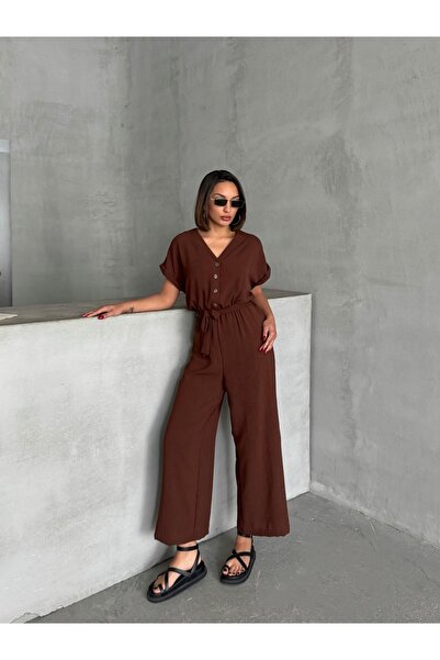 BEJNA Women's Brown Button Detailed Belted Jumpsuit