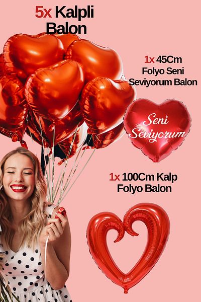 Baloncu Dede 5 Red Heart Foil Balloon I Love You Big Heart Foil Balloon Helium Compatible Valentine's Day