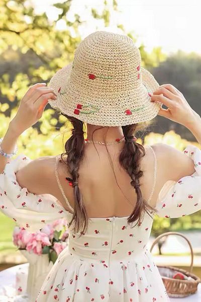 BAHELS Imported Beige Cherry Knitted Bucket Straw Hat