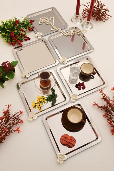 AKSESUAR EVRENİ Anter Set of 6 Stainless Coffee and Multi-Purpose Presentation Tray Square Stone Model