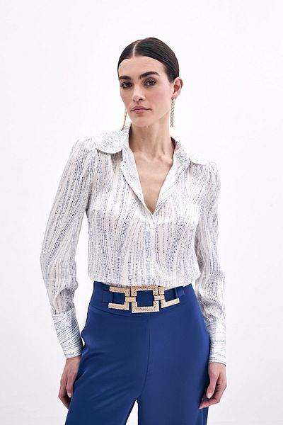 Sateen Wide Cuff Shirt - Ecru-Blue