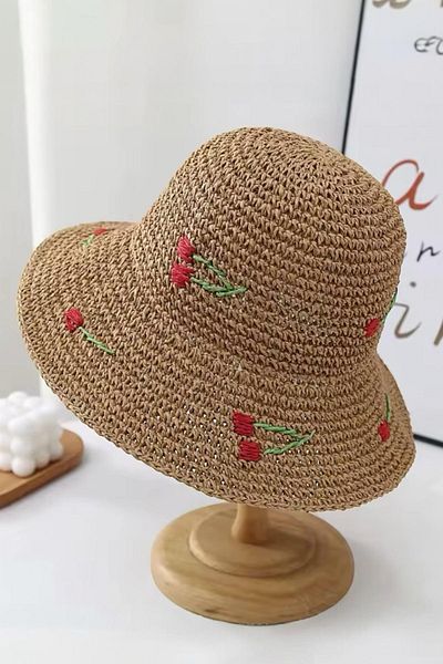 BAHELS Εισαγόμενο ψάθινο καπέλο από πλεκτό Camel Cherry